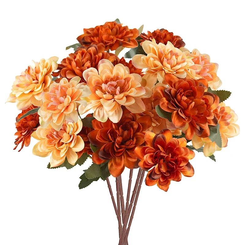 6шт Искусственных Осенних Цветов, 18 Головок Шелковых Поддельных Маминых Цветов Искусственная Хризантема Оранжевые Цветы Для Домашнего Декора