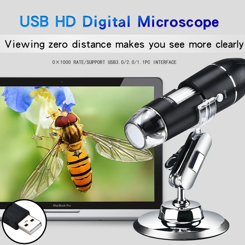 1600X 1000X USB-микроскоп Ручной Портативный цифровой микроскоп С интерфейсом USB, электронные микроскопы с 8 светодиодами с кронштейном