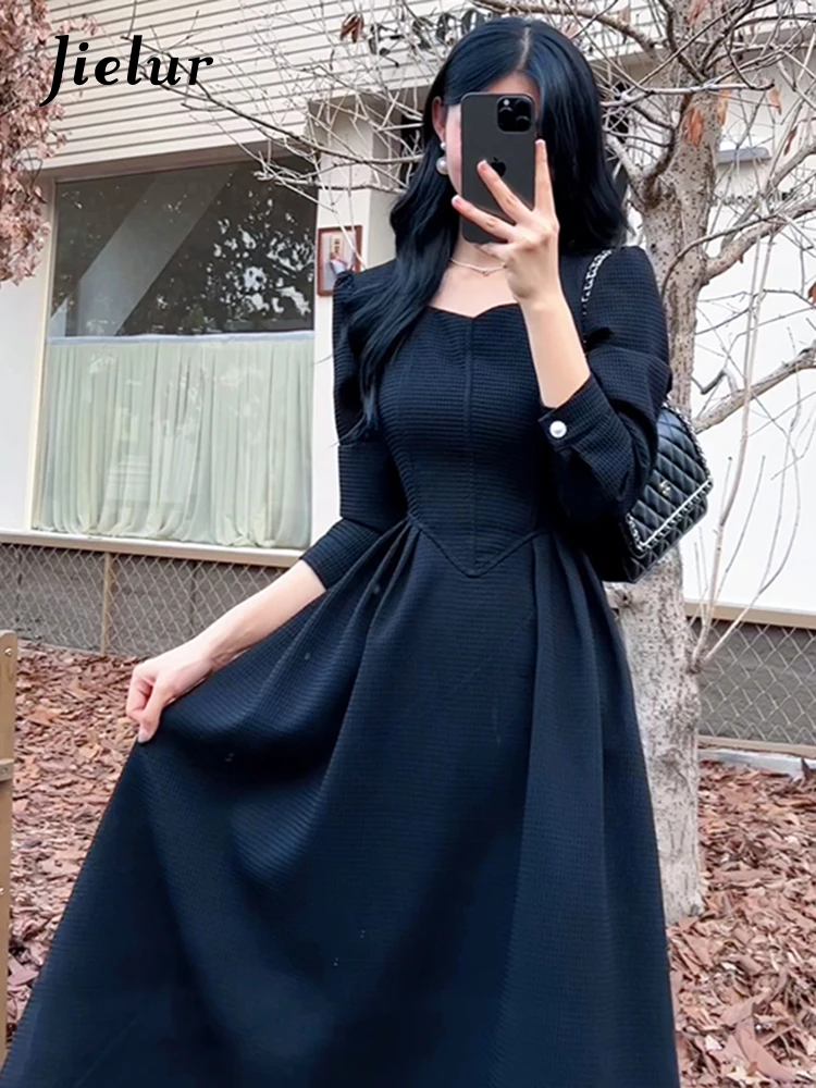 Шифоновые женские платья Jielur черного цвета с шикарной пуговицей, тонкая талия, Новое осеннее однотонное базовое простое повседневное женское платье с длинным рукавом