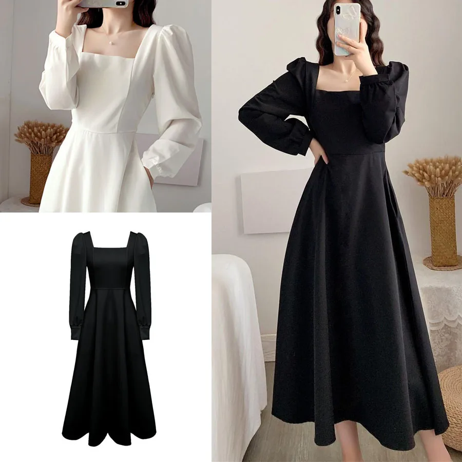 2024 новое элегантное платье, Женское Офисное платье с длинными рукавами в стиле Ретро Хепберн, маленькое черное платье с квадратным вырезом, длинное платье выше колена